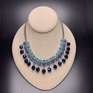 Napier Glass Beaded Bib Necklace Shades of Blue Silver Tone Curb Link Chunky